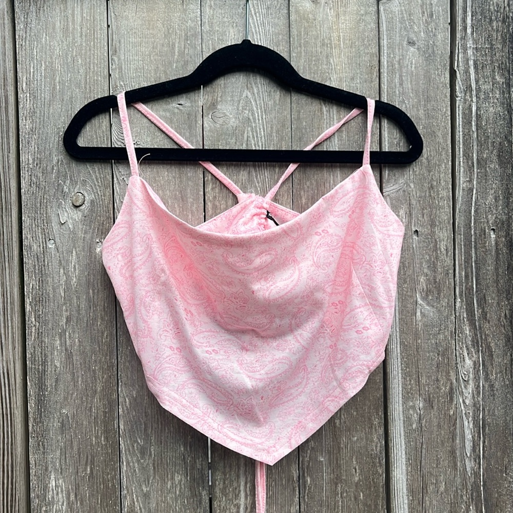 SHEIN Pink Paisley Pattern Handkerchief Tie Back Crop Tank Top,XS